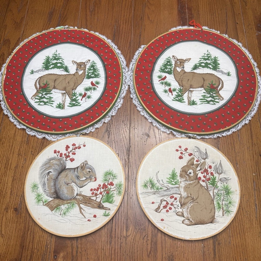 4 Vintage Christmas Embroidery Hoop Deer, Rabbit Squirrel Fabric Stamped
